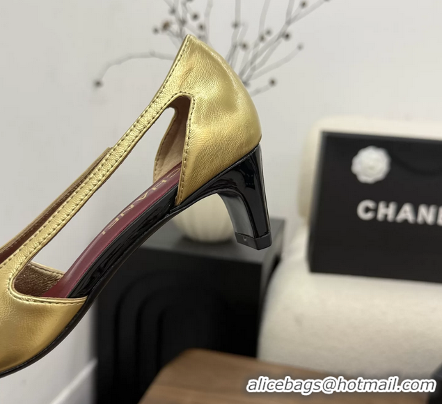 Stylish Chanel CC Logo Gold Black Leather Pumps 50MM 6052503