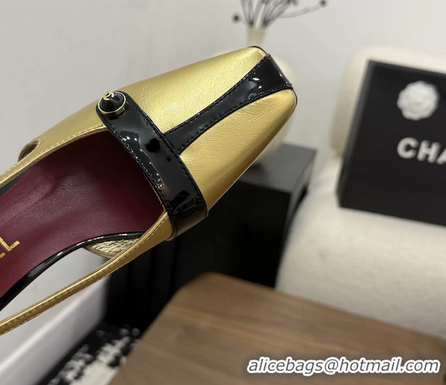Stylish Chanel CC Logo Gold Black Leather Pumps 50MM 6052503