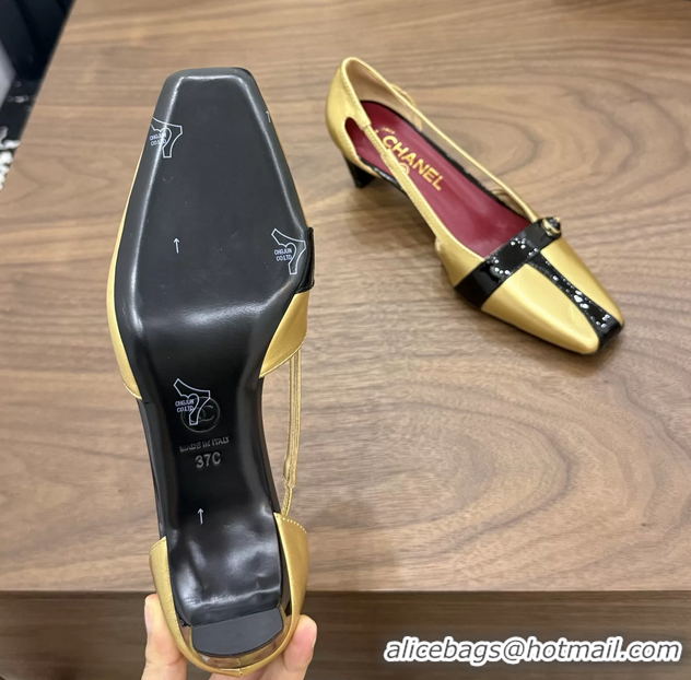 Stylish Chanel CC Logo Gold Black Leather Pumps 50MM 6052503