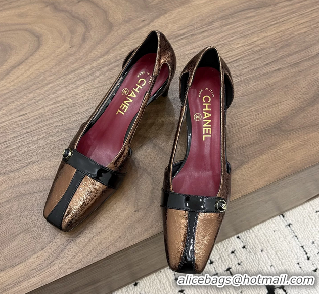 Stylish Chanel CC Logo Bronze Black Leather Pumps 50MM 6052503