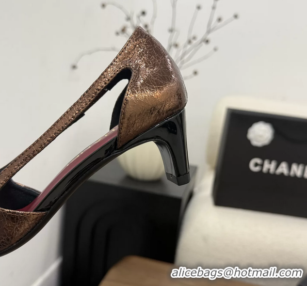 Stylish Chanel CC Logo Bronze Black Leather Pumps 50MM 6052503