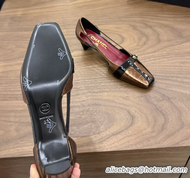 Stylish Chanel CC Logo Bronze Black Leather Pumps 50MM 6052503