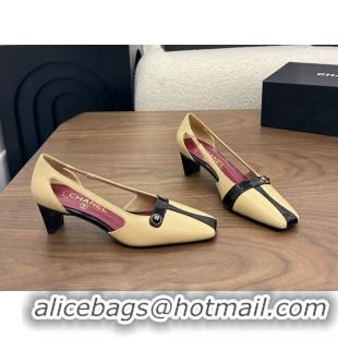 Buy Discount Chanel CC Logo Black Beige Leather Pumps 50MM 6052503