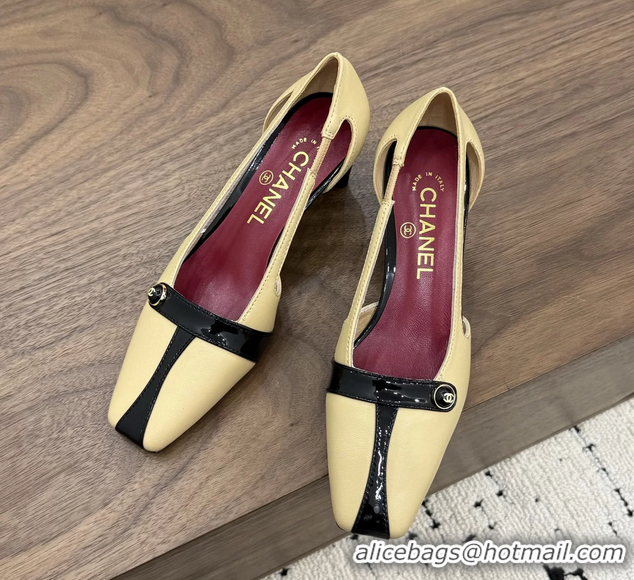 Buy Discount Chanel CC Logo Black Beige Leather Pumps 50MM 6052503