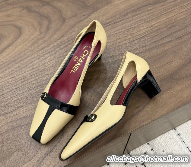 Buy Discount Chanel CC Logo Black Beige Leather Pumps 50MM 6052503
