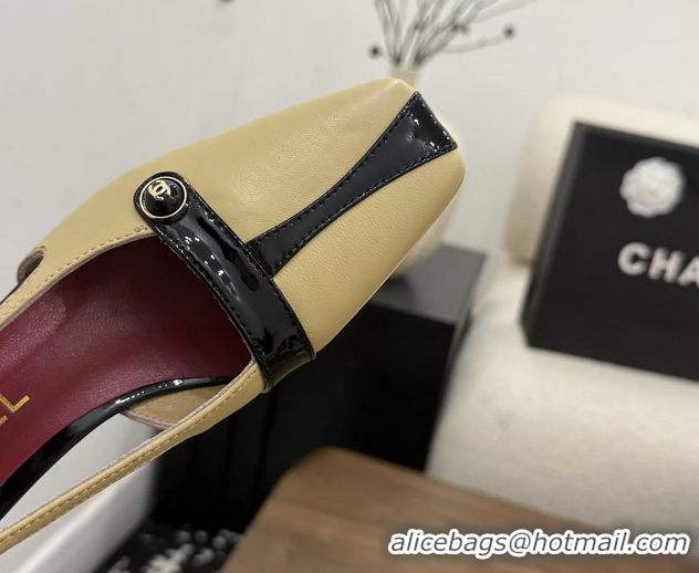 Buy Discount Chanel CC Logo Black Beige Leather Pumps 50MM 6052503