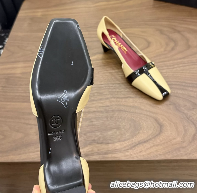 Buy Discount Chanel CC Logo Black Beige Leather Pumps 50MM 6052503