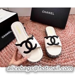 Durable Chanel CC Logo Raffia Flat Slides Sandals White Calfskin Leather 6052504