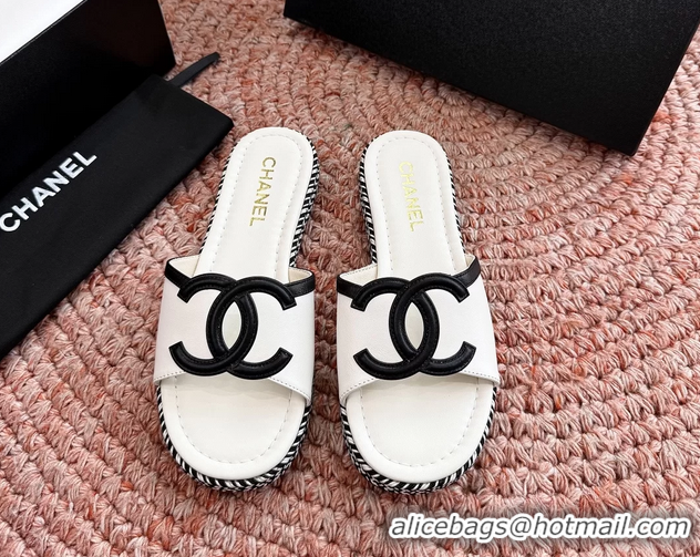 Durable Chanel CC Logo Raffia Flat Slides Sandals White Calfskin Leather 6052504
