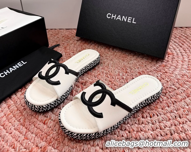 Durable Chanel CC Logo Raffia Flat Slides Sandals White Calfskin Leather 6052504