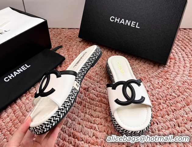 Durable Chanel CC Logo Raffia Flat Slides Sandals White Calfskin Leather 6052504
