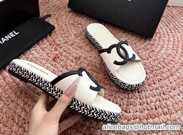 Durable Chanel CC Logo Raffia Flat Slides Sandals White Calfskin Leather 6052504