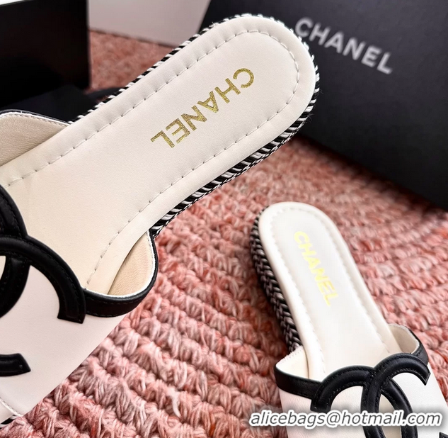 Durable Chanel CC Logo Raffia Flat Slides Sandals White Calfskin Leather 6052504