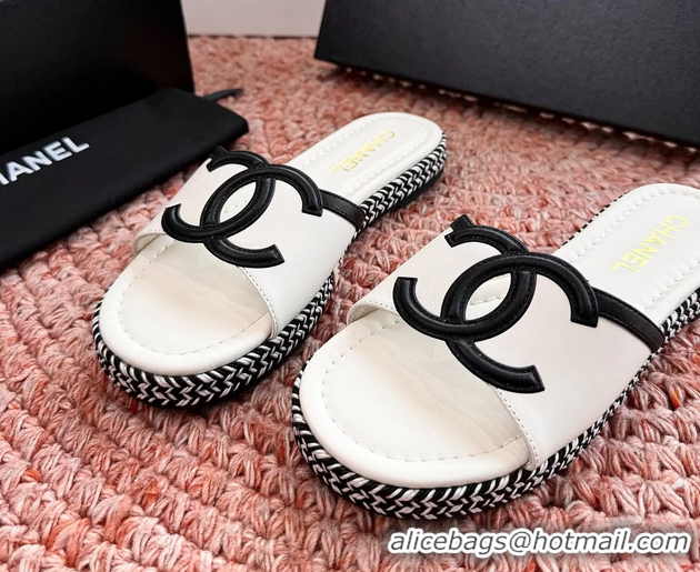 Durable Chanel CC Logo Raffia Flat Slides Sandals White Calfskin Leather 6052504