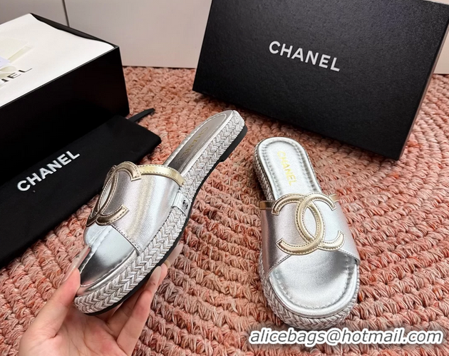 Best Product Chanel CC Logo Raffia Flat Slides Sandals Silver Calfskin Leather 6052504