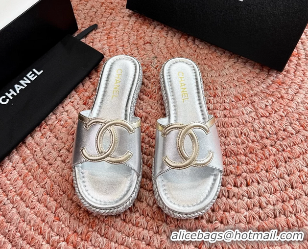 Best Product Chanel CC Logo Raffia Flat Slides Sandals Silver Calfskin Leather 6052504