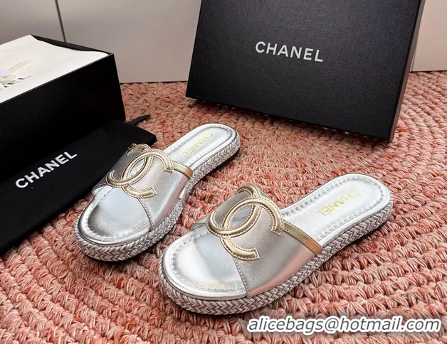 Best Product Chanel CC Logo Raffia Flat Slides Sandals Silver Calfskin Leather 6052504