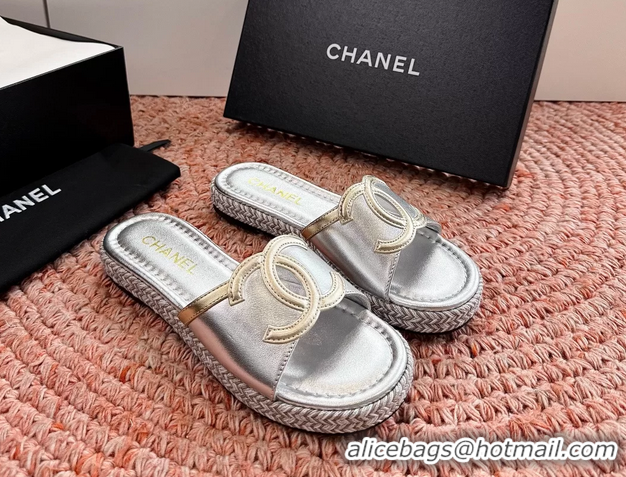 Best Product Chanel CC Logo Raffia Flat Slides Sandals Silver Calfskin Leather 6052504