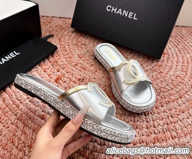 Best Product Chanel CC Logo Raffia Flat Slides Sandals Silver Calfskin Leather 6052504