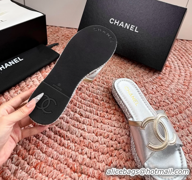 Best Product Chanel CC Logo Raffia Flat Slides Sandals Silver Calfskin Leather 6052504