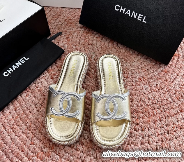 Sophisticated Chanel CC Logo Raffia Flat Slides Sandals Gold Metallic Leather 6052504