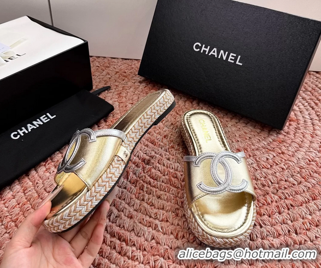 Sophisticated Chanel CC Logo Raffia Flat Slides Sandals Gold Metallic Leather 6052504