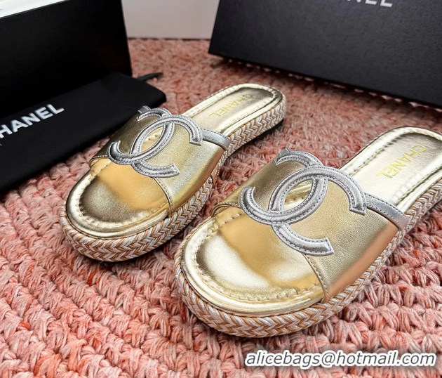 Sophisticated Chanel CC Logo Raffia Flat Slides Sandals Gold Metallic Leather 6052504