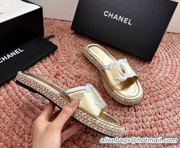 Sophisticated Chanel CC Logo Raffia Flat Slides Sandals Gold Metallic Leather 6052504