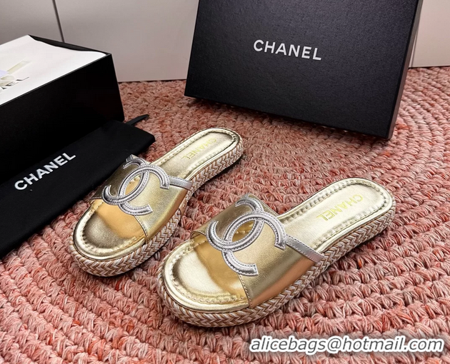 Sophisticated Chanel CC Logo Raffia Flat Slides Sandals Gold Metallic Leather 6052504