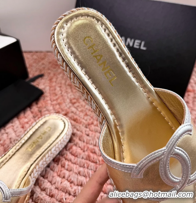 Sophisticated Chanel CC Logo Raffia Flat Slides Sandals Gold Metallic Leather 6052504