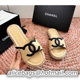 Duplicate Chanel CC Logo Raffia Flat Slides Sandals Beige Calfskin Leather 6052504