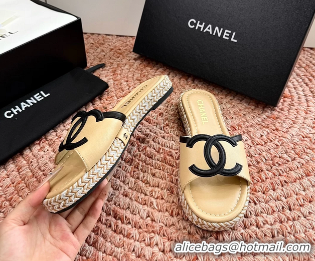 Duplicate Chanel CC Logo Raffia Flat Slides Sandals Beige Calfskin Leather 6052504