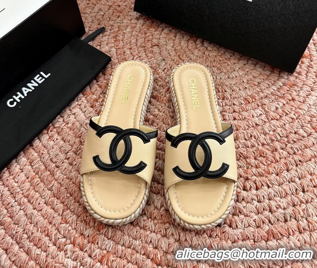Duplicate Chanel CC Logo Raffia Flat Slides Sandals Beige Calfskin Leather 6052504