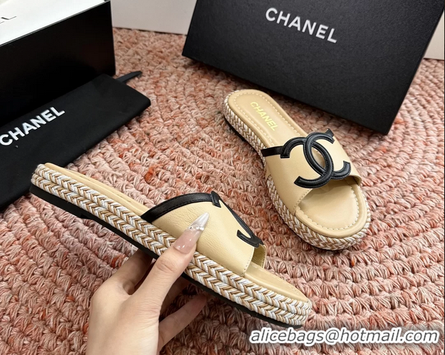 Duplicate Chanel CC Logo Raffia Flat Slides Sandals Beige Calfskin Leather 6052504
