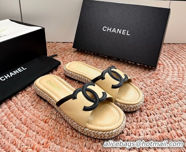 Duplicate Chanel CC Logo Raffia Flat Slides Sandals Beige Calfskin Leather 6052504