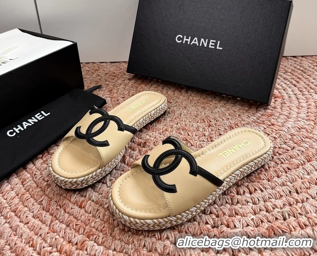 Duplicate Chanel CC Logo Raffia Flat Slides Sandals Beige Calfskin Leather 6052504