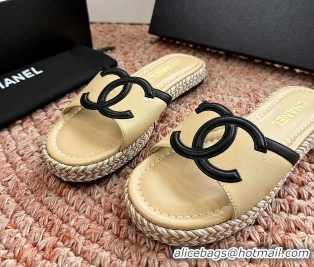 Duplicate Chanel CC Logo Raffia Flat Slides Sandals Beige Calfskin Leather 6052504