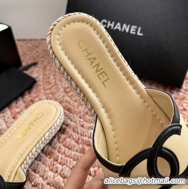 Duplicate Chanel CC Logo Raffia Flat Slides Sandals Beige Calfskin Leather 6052504