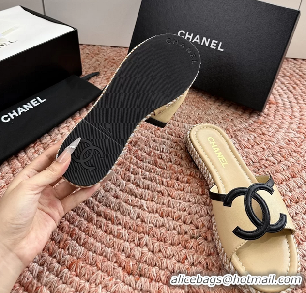 Duplicate Chanel CC Logo Raffia Flat Slides Sandals Beige Calfskin Leather 6052504