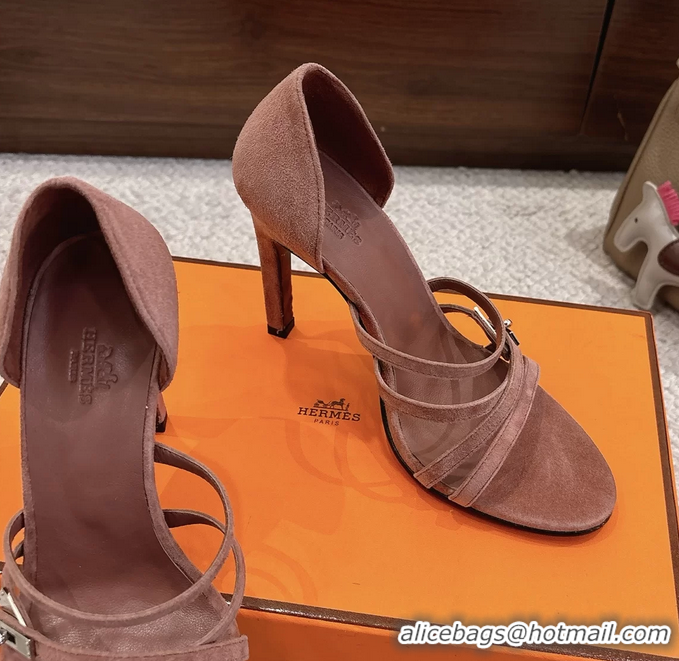Discount Hermes Lipstick Pink Suede Leather High Heeled Sandals 105MM 6052601
