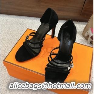 Leisure Hermes Lipstick Black Suede Leather High Heeled Sandals 105MM 6052601