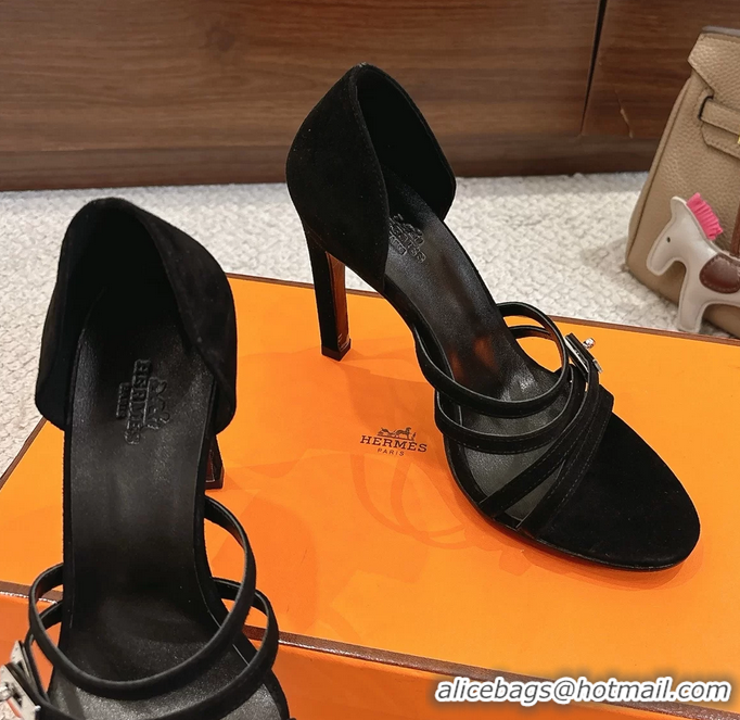 Leisure Hermes Lipstick Black Suede Leather High Heeled Sandals 105MM 6052601