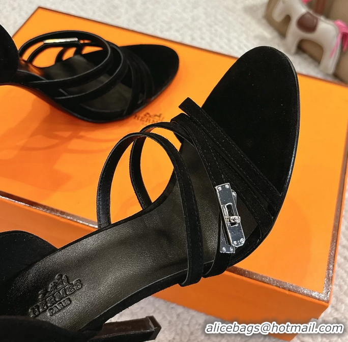 Leisure Hermes Lipstick Black Suede Leather High Heeled Sandals 105MM 6052601