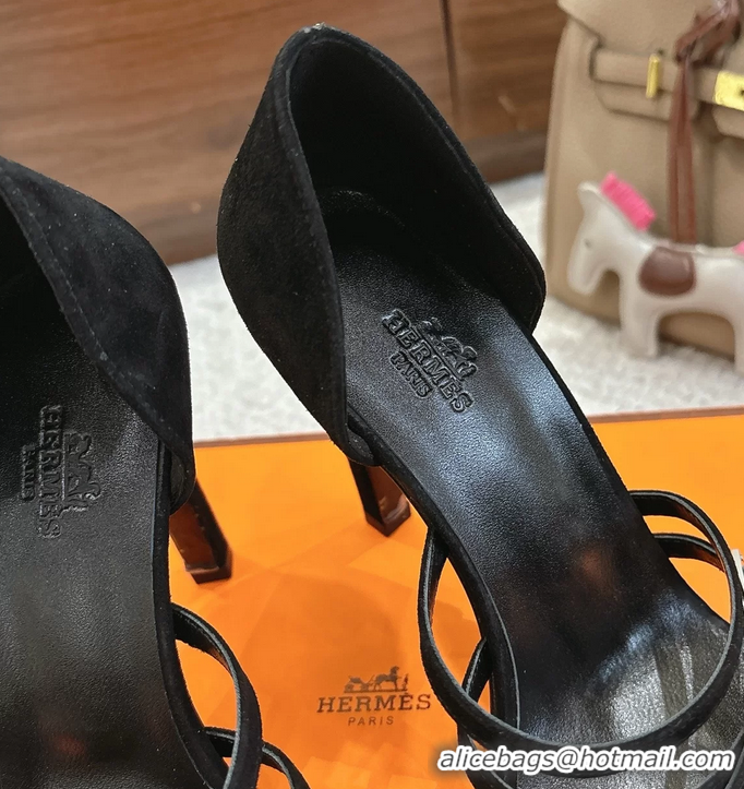 Leisure Hermes Lipstick Black Suede Leather High Heeled Sandals 105MM 6052601