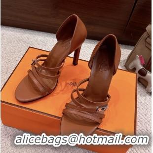 Fashion Hermes Lipstick Brown Calfskin Leather High Heeled Sandals 105MM 6052601