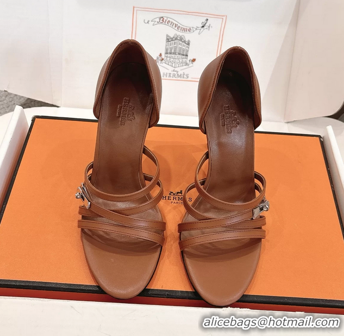 Fashion Hermes Lipstick Brown Calfskin Leather High Heeled Sandals 105MM 6052601