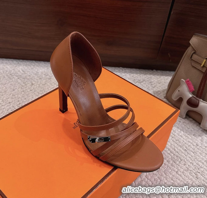 Fashion Hermes Lipstick Brown Calfskin Leather High Heeled Sandals 105MM 6052601