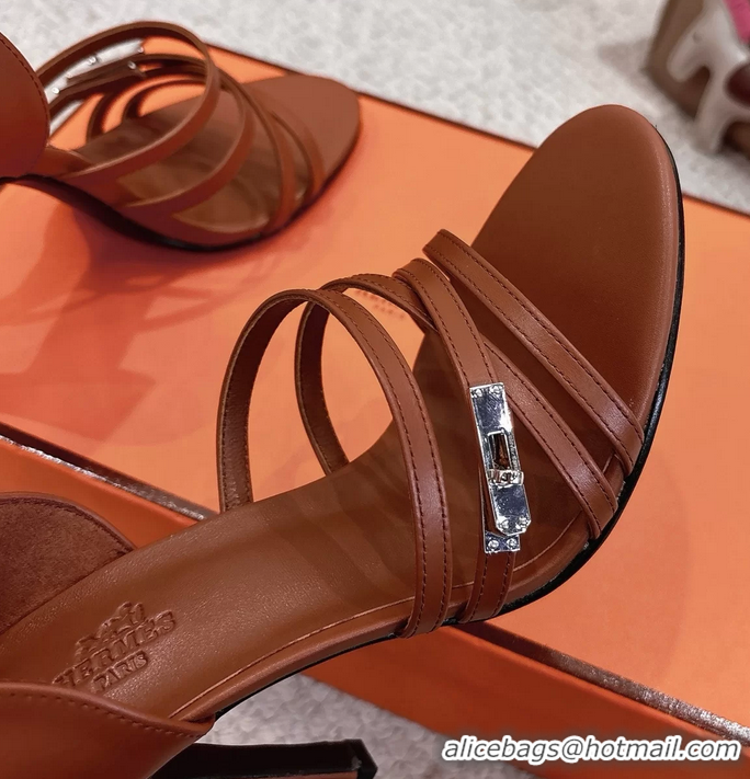 Fashion Hermes Lipstick Brown Calfskin Leather High Heeled Sandals 105MM 6052601