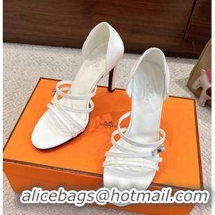 Feminine Hermes Lipstick White Calfskin Leather High Heeled Sandals 105MM 6052601