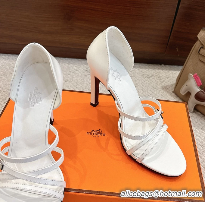 Feminine Hermes Lipstick White Calfskin Leather High Heeled Sandals 105MM 6052601